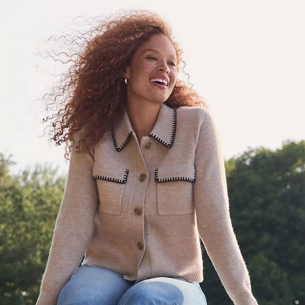 Cozy Knit Button-Front Sweater Jacket in Light Beige
